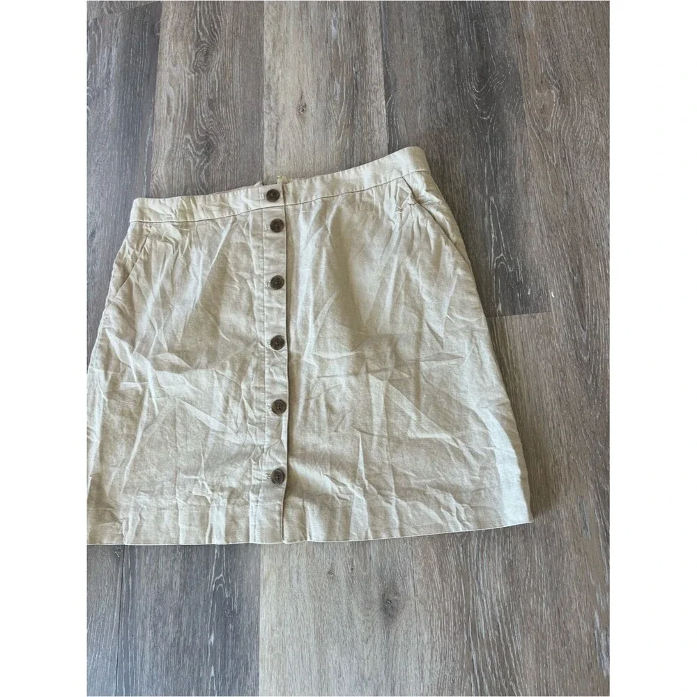 J.Crew Button Front Mini Skirt Tan Beige Women’s Size 12 Linen Blend Preppy Fit